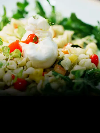 Ein Teller Möwe Muschelnudeln mit Rucola und Mozzarella.